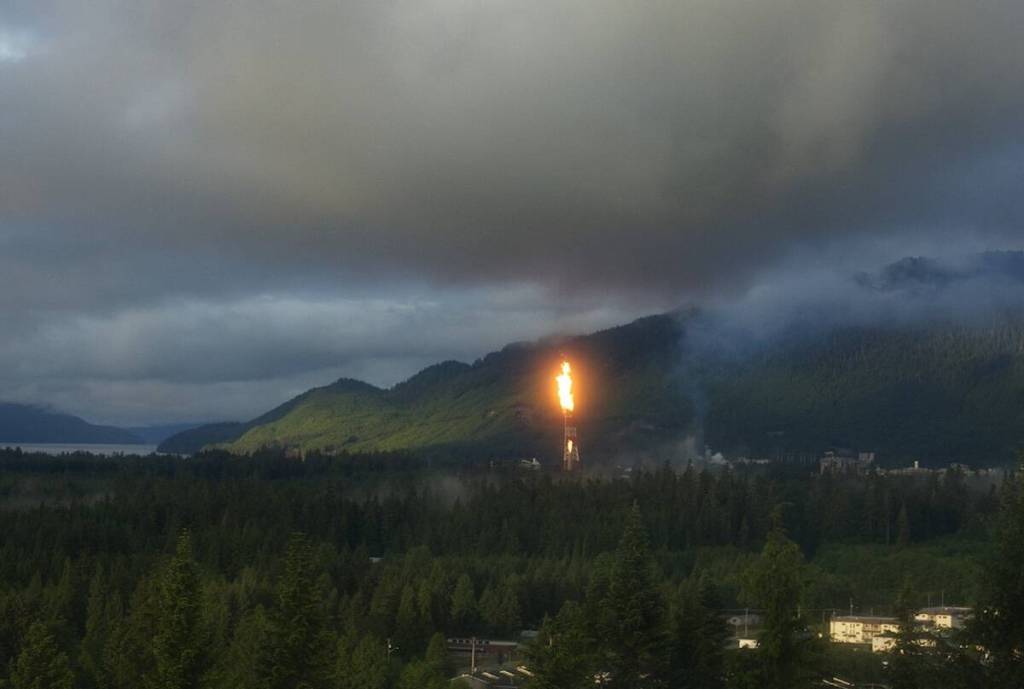 A flare stack burns at the LNG Canada facility in Kitimat last December during the plant&rsquo;s startup phase. Kitimat council voted unanimously to open a line of 
communication with Squamish to share its experience managing LNG development as Woodfiber LNG advances toward completion. (Robin Rowland photo)