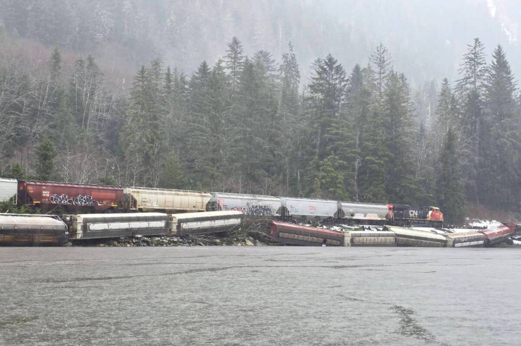 A CN train derailed near Port Edward on the afternoon of March 16 due to a landslide. (Jilly Laviolette/Facebook)